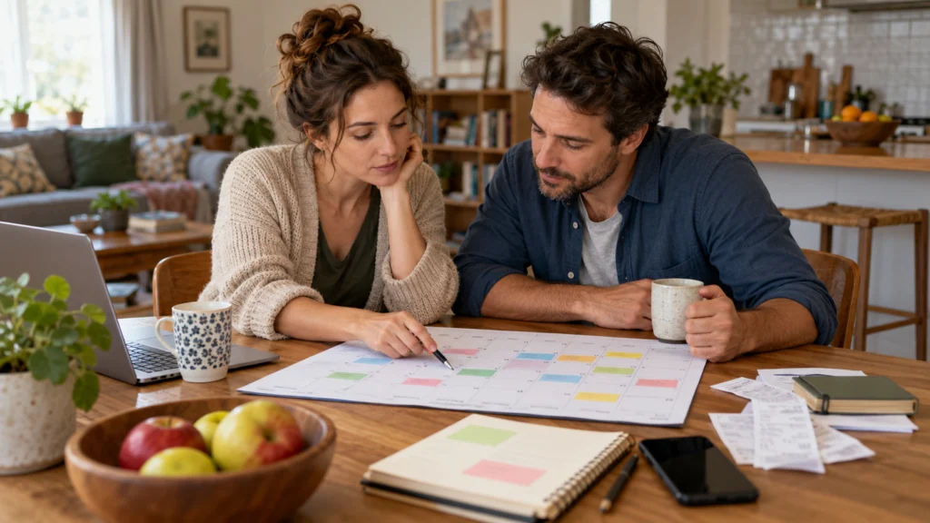 Two adults discussing a shared household expense calendar with clearly separated joint and personal categories, calm domestic setting