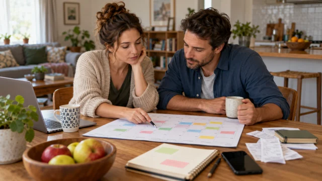 Two adults discussing a shared household expense calendar with clearly separated joint and personal categories, calm domestic setting
