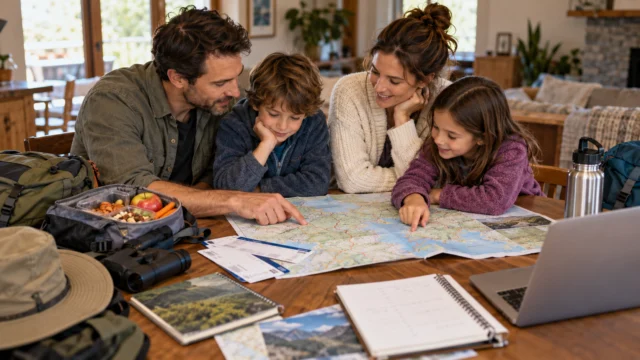 A family sports travel planning table with a route map, generic tickets, a packed snack bag and a clear budget notebook