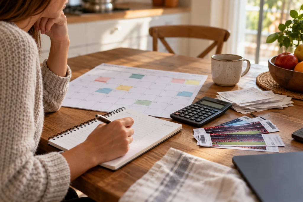 A household recreation budget calendar with sports tickets, a notebook of annual bills and a simple calculator on a kitchen table
