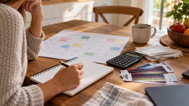 A household recreation budget calendar with sports tickets, a notebook of annual bills and a simple calculator on a kitchen table