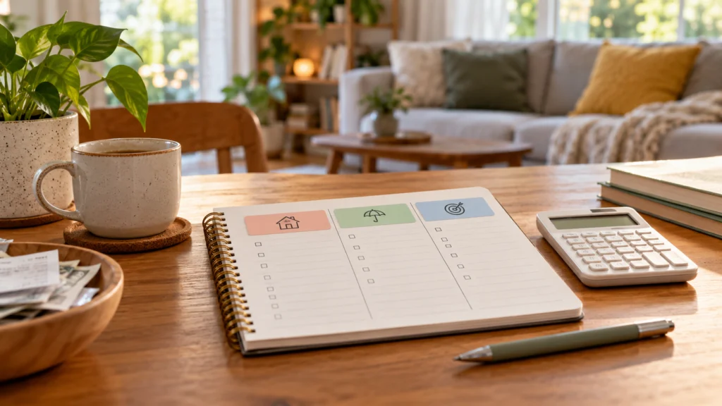 A household savings notebook with separate labels for bills, emergencies and goals, simple calculator and calm home background