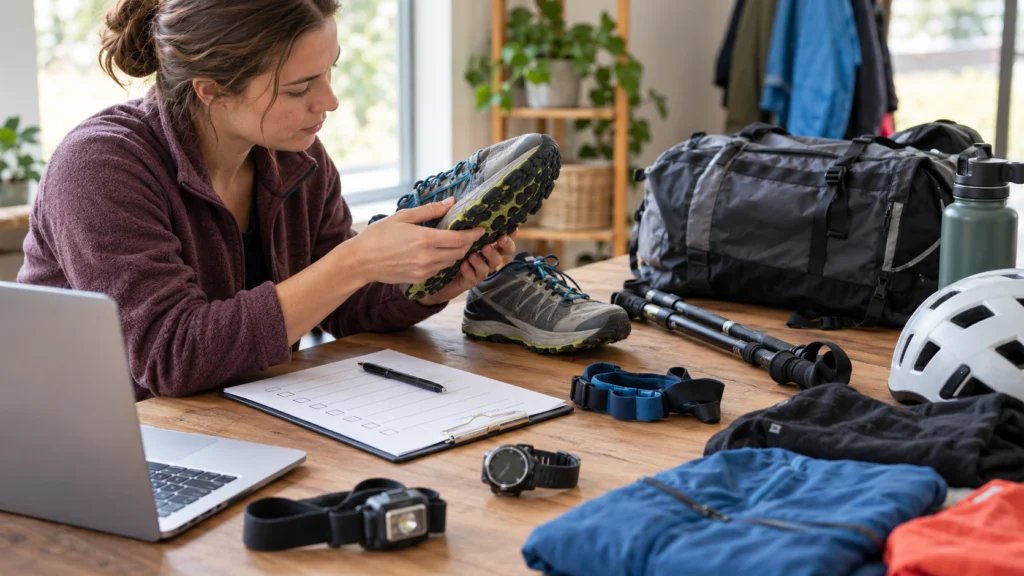 A careful second-hand sports equipment inspection with generic bags and accessories on a table, a fit checklist and no safety certification claims