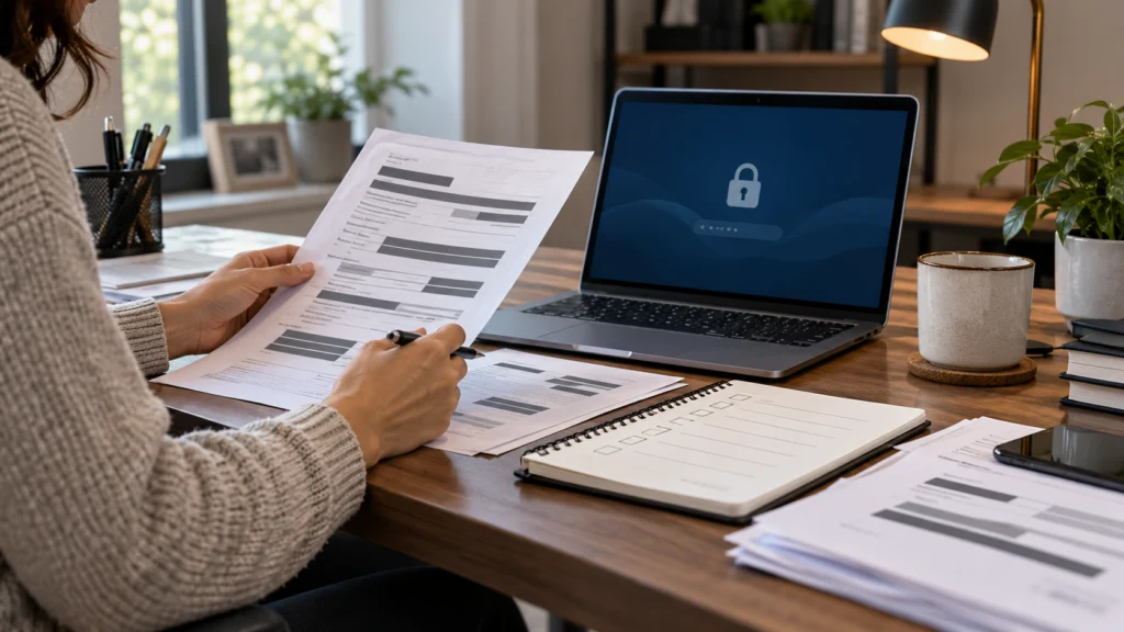 A private credit-report review workspace with redacted generic documents, a checklist and secure laptop screen