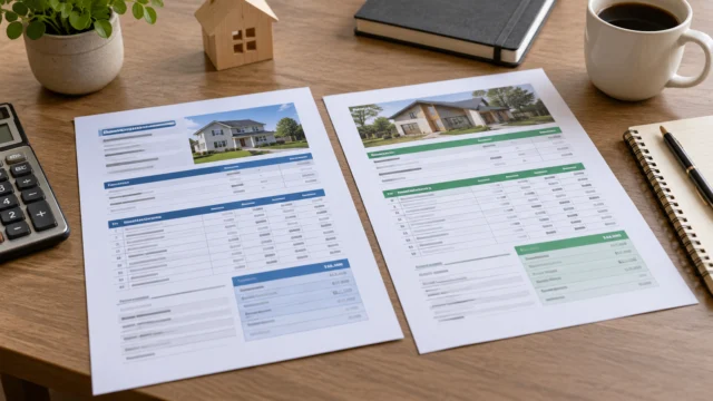 Two generic loan comparison sheets with clearly separated payment schedules, fees and totals on a neutral desk