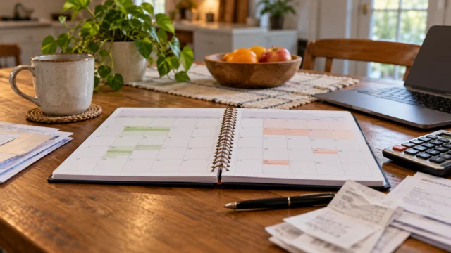 A simple dated cash-flow calendar with income and bills in separate columns, calculator and neutral household paperwork