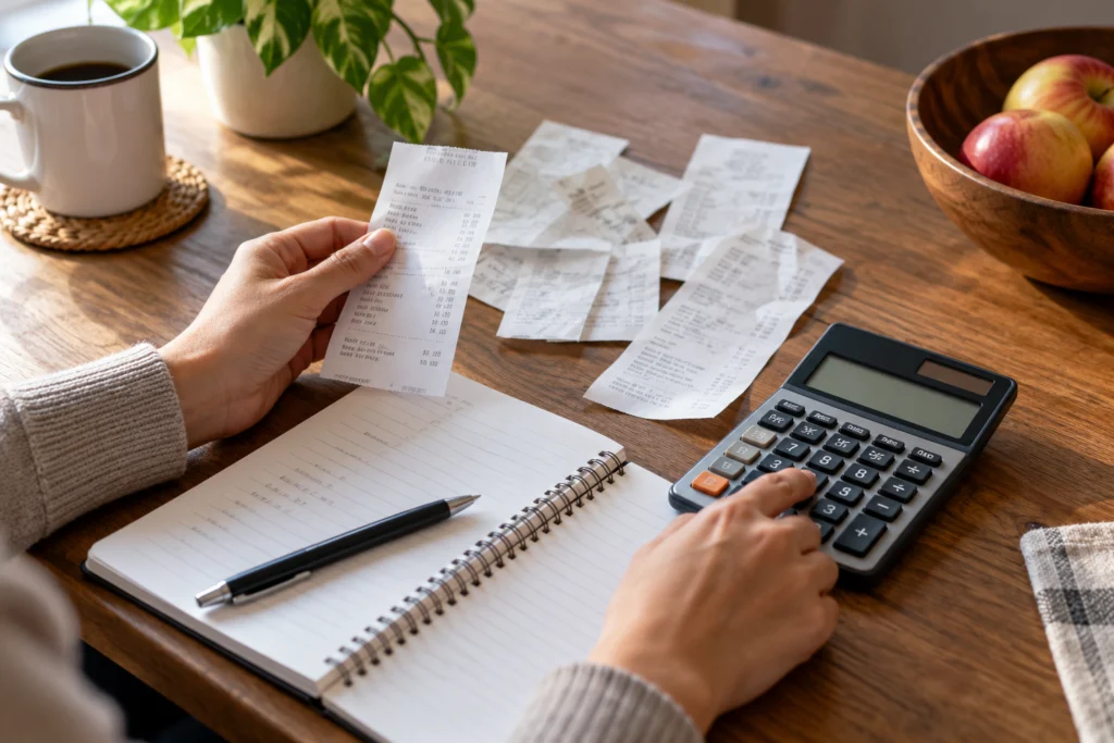 A generic checkout cost comparison on paper with small purchase receipts and a calculator, no card numbers or payment logos