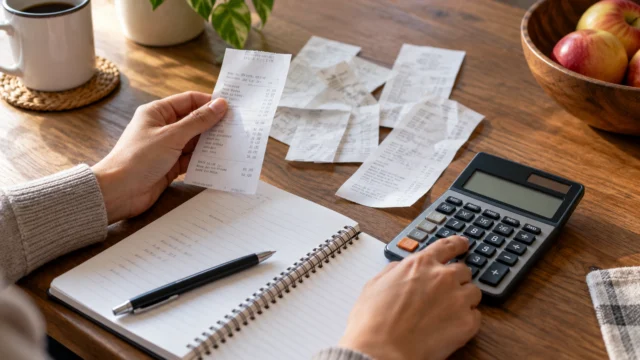 A generic checkout cost comparison on paper with small purchase receipts and a calculator, no card numbers or payment logos