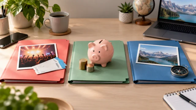 Three clearly separated household planning folders for entertainment, savings and long-term goals on a neutral desk, no trading or gambling promotions