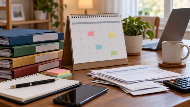A household annual-renewal calendar with insurance and membership folders, clearly marked review and payment dates, no personal information