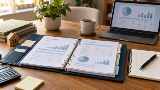 An organised mortgage meeting preparation folder with generic redacted income and budget documents, notebook of questions and no visible personal data