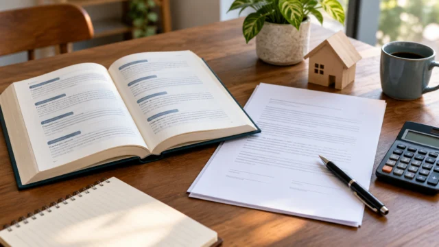 A plain-language lending glossary beside a generic unsigned agreement and a calculator, no bank logos or personal details