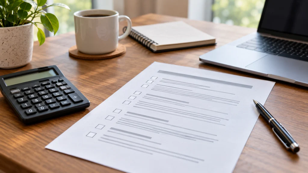 A neutral desk with a calculator and a printed generic promotion terms checklist, no casino branding, chips or celebratory money imagery
