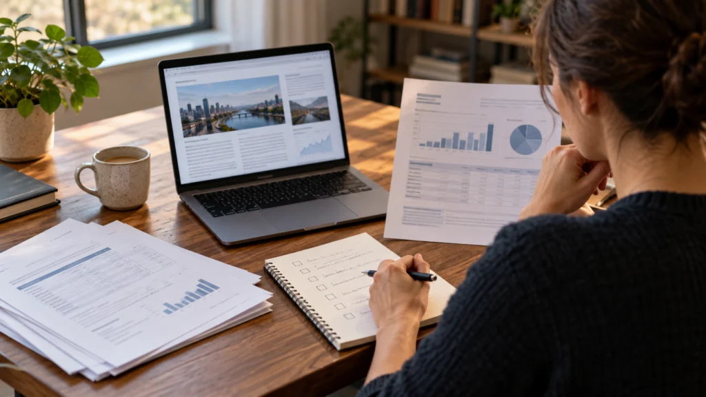 A reader comparing a financial article with an official product document and a handwritten methodology checklist, no company logos