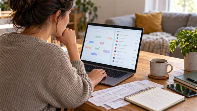 A person reviewing a clear subscription calendar and bank transaction notes on a laptop, no visible account credentials