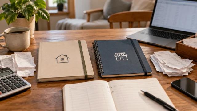 Two clearly separated budget notebooks labelled household and side business with receipts and a simple transfer record