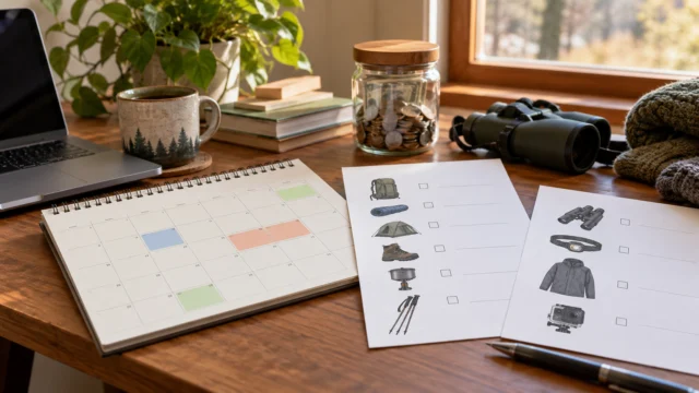 A seasonal hobby savings plan with a calendar, generic equipment checklist and separate optional-upgrade notes on a home desk