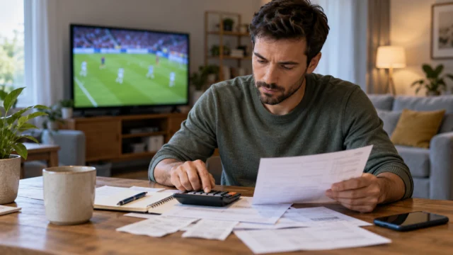 An adult household budgeting scene with a sports broadcast softly out of focus and a phone set aside, no betting brands or promotional imagery
